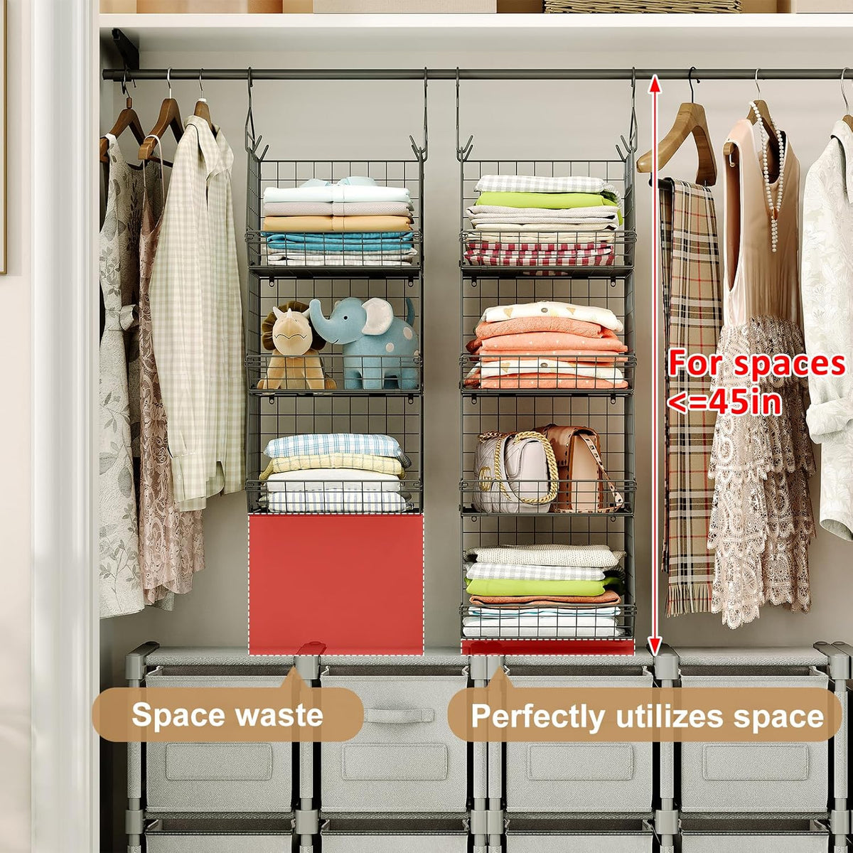 4 Tier Closet Hanging Organizer, Closet Organizers and Storage with 5 S Hooks, Closet Hanging