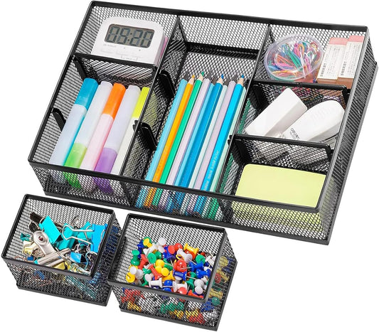 Marbrasse 3 Packs Desk Drawer Organizers, Metal Mesh Dividers Desk Drawer Organizer Tray with 9