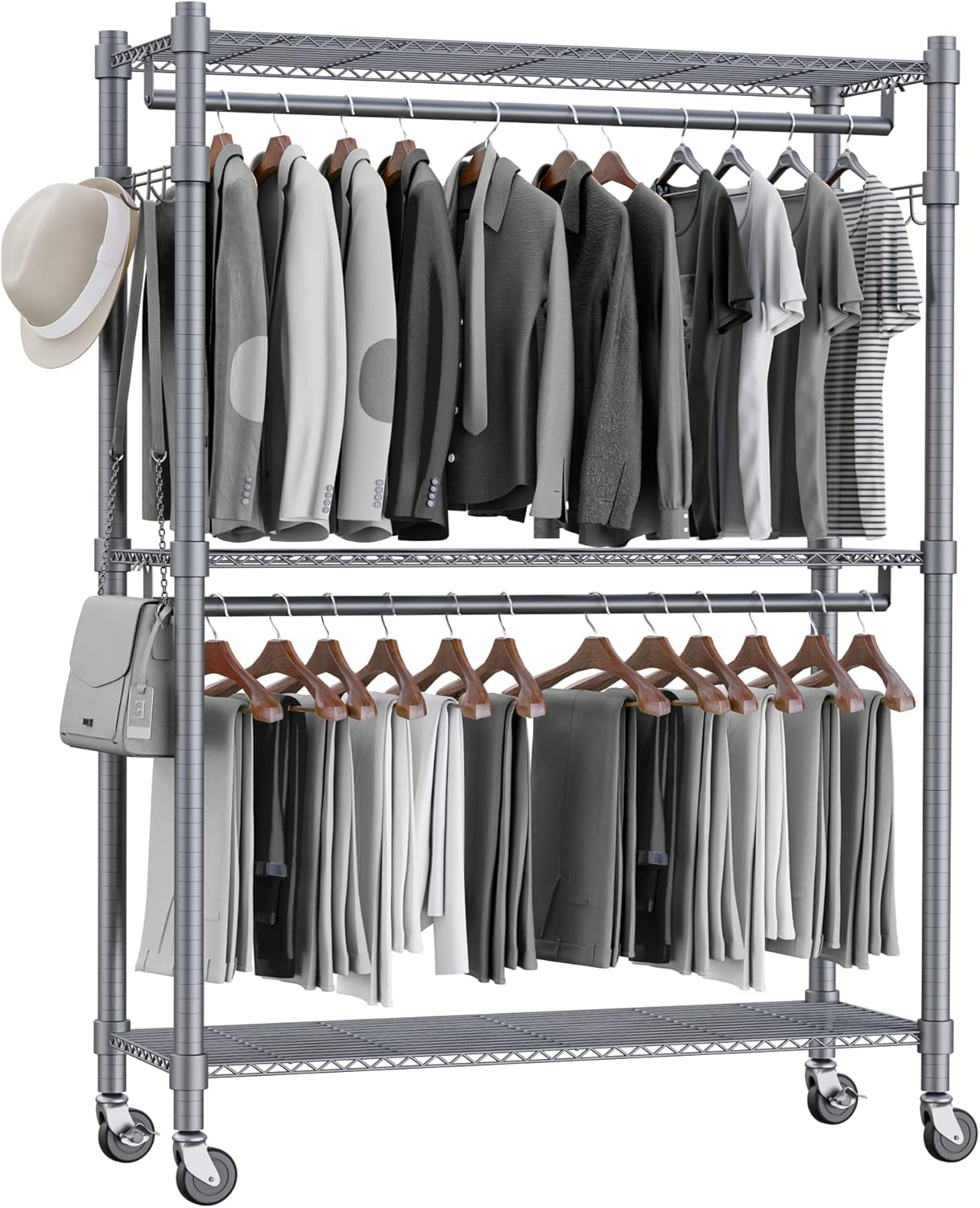 Homdox Rolling Clothes Rack Heavy Duty, 3-Tier Adjustable Wire Shelving Garment Organizer with