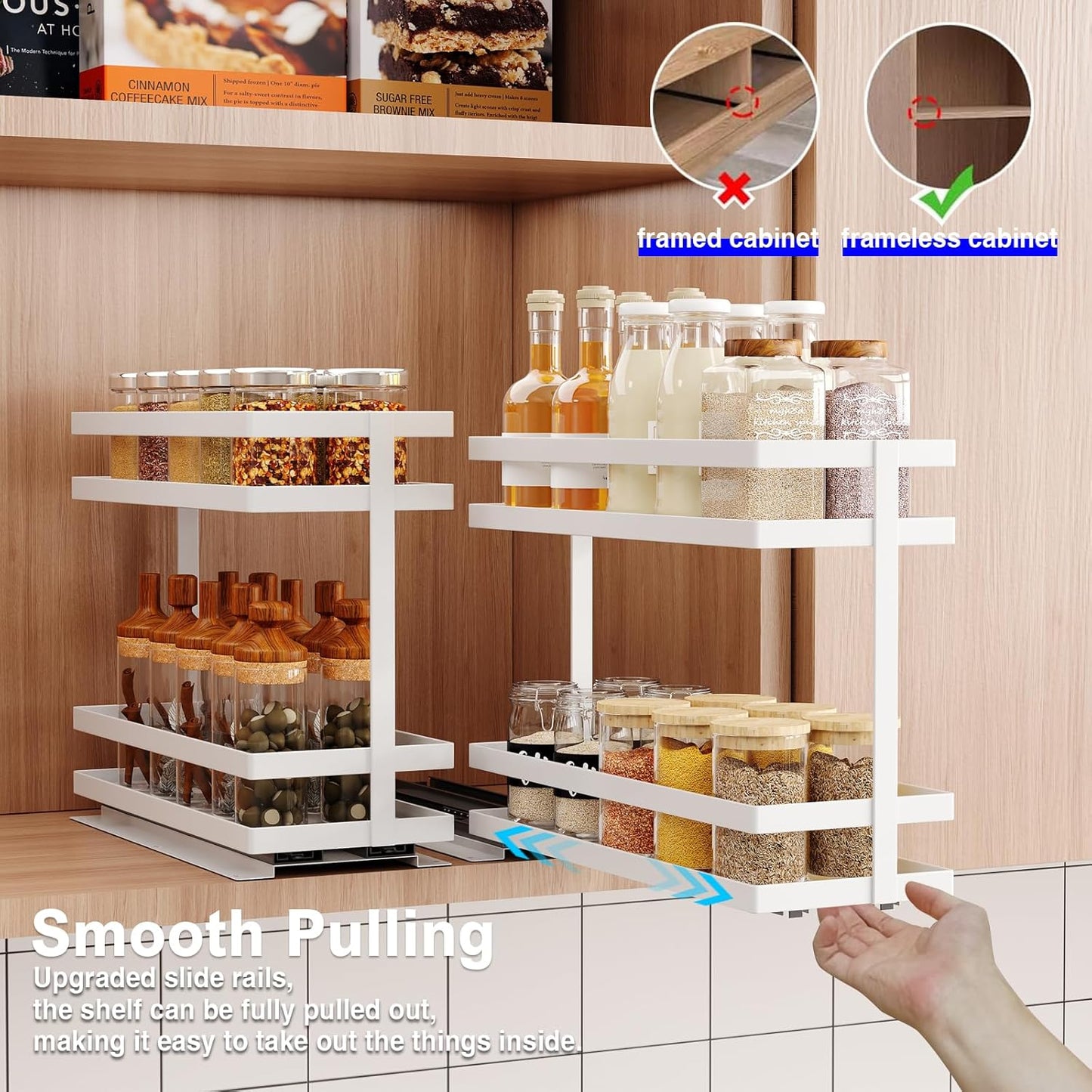 2 Pack Pull Out Spice Rack Organizer for Cabinet, 2 Tier Metal Slide Out Seasoning Organizer and