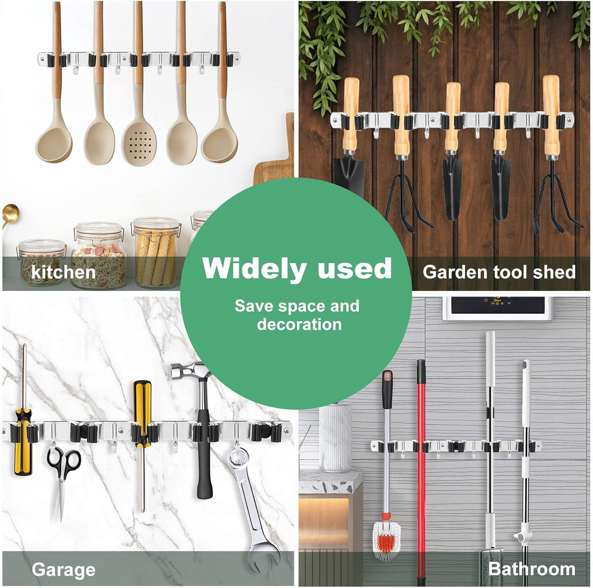 5Pcs 5 Racks 4 Hooks Stainless Steel Broom Mop Holder Anti Slip Wall Mount Broom Storage Rack