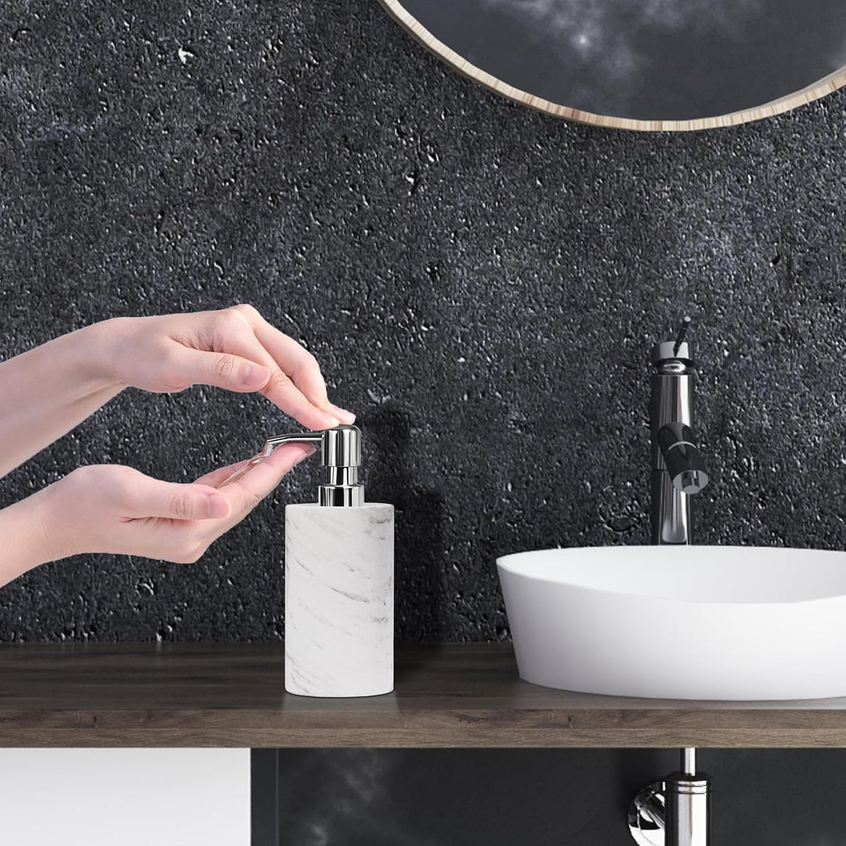 Marble Soap Dispenser with Stainless Steel Pump, White Hand Liquid Soap Dispenser, 6 Ounces for