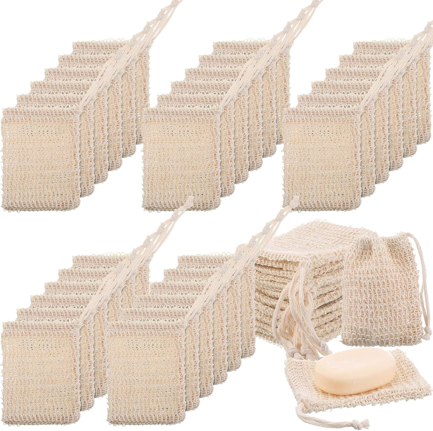 Rtteri 150 Pcs Soap Exfoliating Bag, Natural Sisal Soap Pouch Saver Body Shower Bar Mesh Body Net