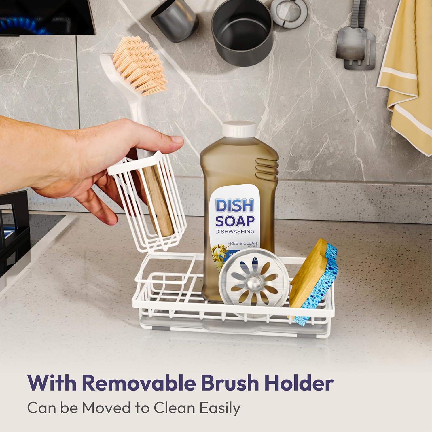 SWTYMIKI Sink Caddy Sponge Holder - Kitchen Sink Organizer with High Brush Holder for Countertop to