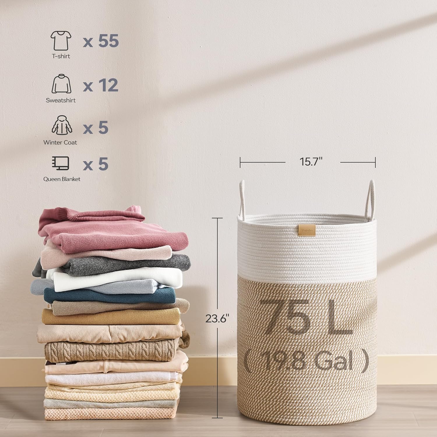 Laundry Hamper 75L,Large Laundry Basket for Clothes,Decorative Storage Basket for Blankets,Cotton
