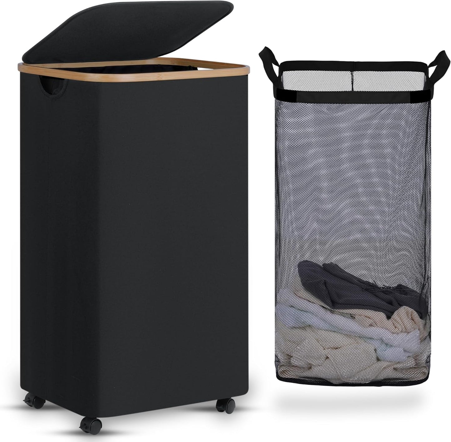 efluky Laundry Basket with Wheels, Tall Rolling Laundry Hamper with Lid and Removable Bag
