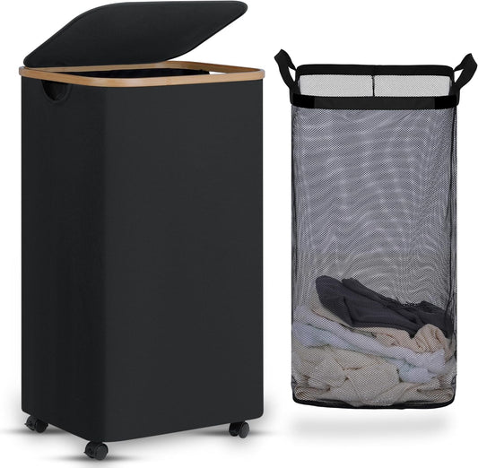 efluky Laundry Basket with Wheels, Tall Rolling Laundry Hamper with Lid and Removable Bag