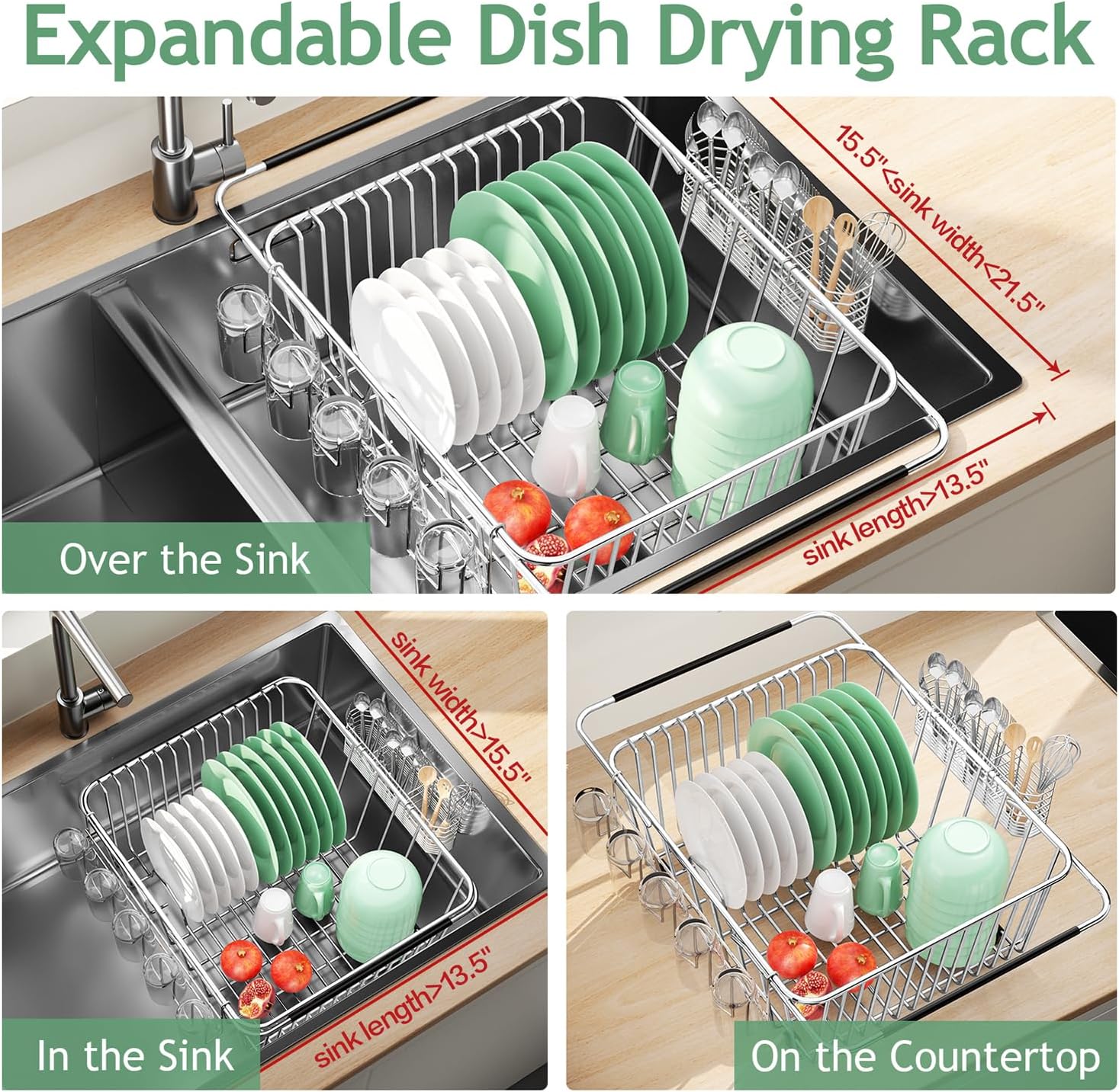 Dish Drying Rack in Sink, Extendable Stainless Steel Dish Drainers for Kitchen Counter, Anti-Rust