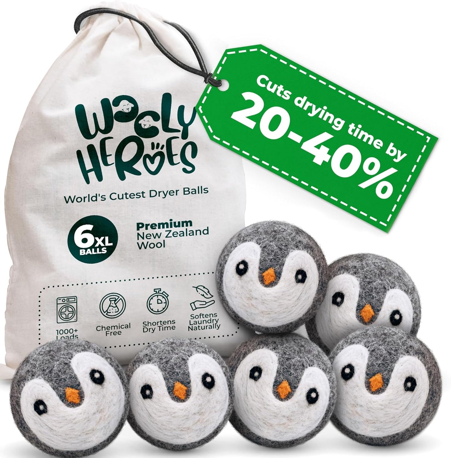 No More Dryer Sheets! Reusable Wool Dryer Balls XL 6-Pack - Reduces Static, Cuts Dry Time, &