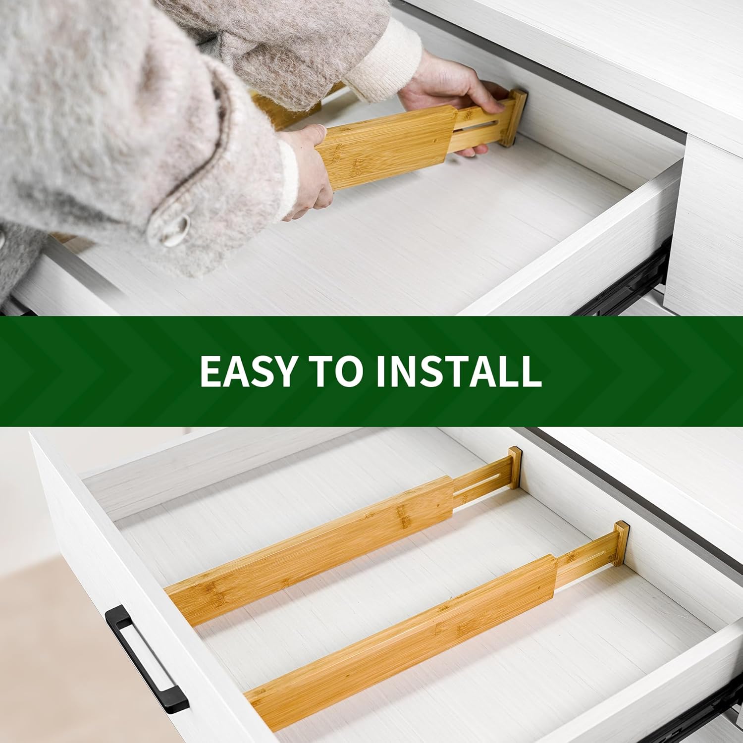 VaeFae Adjustable Bamboo Drawer Dividers, Expandable Drawer Organizer for Kitchen, Bedroom