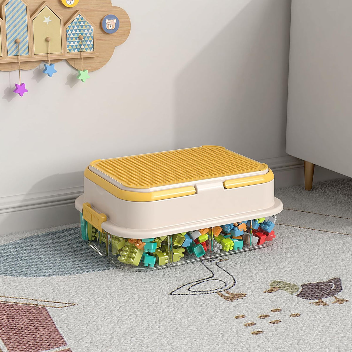 Toy Storage Organizer Box with Handle, Stackable Building Block Toy Box with Building Plate Lid &
