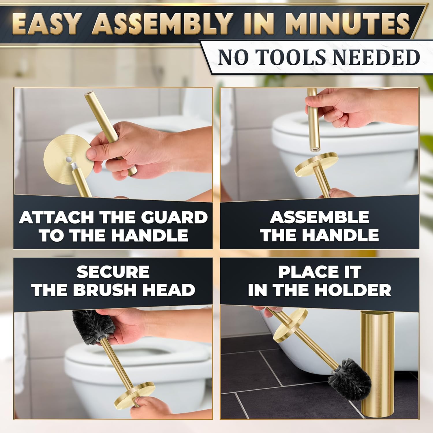 Gold Toilet Brush and Holder Set - Brushed Stainless Steel Gold Toilet Bowl Brush and Holder with