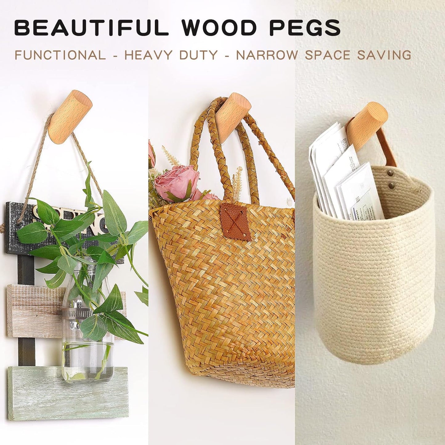 Wood Hooks, 3 Pack Wall Hooks Heavy Duty Rustic Coat Hooks Wall Mounted, Decorative Hooks for