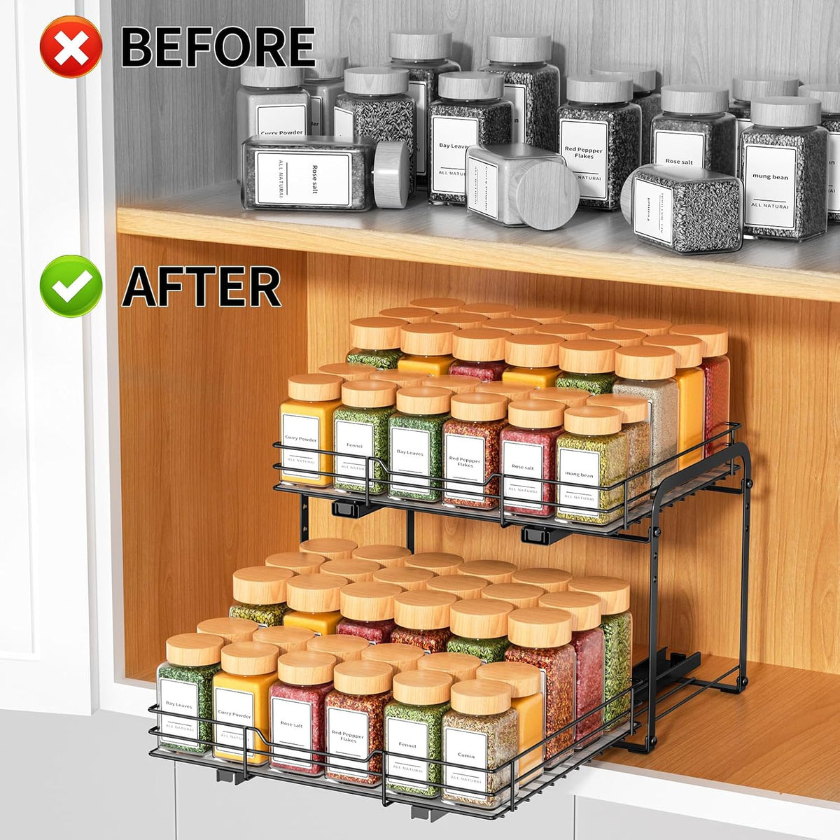 RCHYFEED Spice Rack Organizer for Cabinet, 2 Tier Slide out Spice Organization for Inside Cabinets