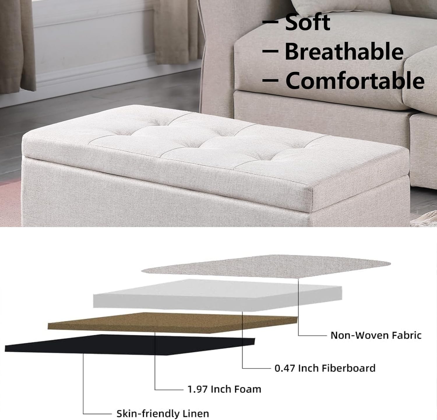 Storage Ottoman Bench with 2.56-inch Thick Seat, 31.5 inch Nesting Ottoman Set of 2, Hinged Flip