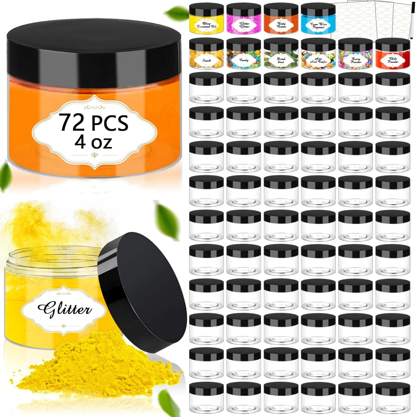 Plastic Jars with Lids, 4 OZ Slime Containers 72 Pcs Empty Clear Plastic Jars Refillable Plastic
