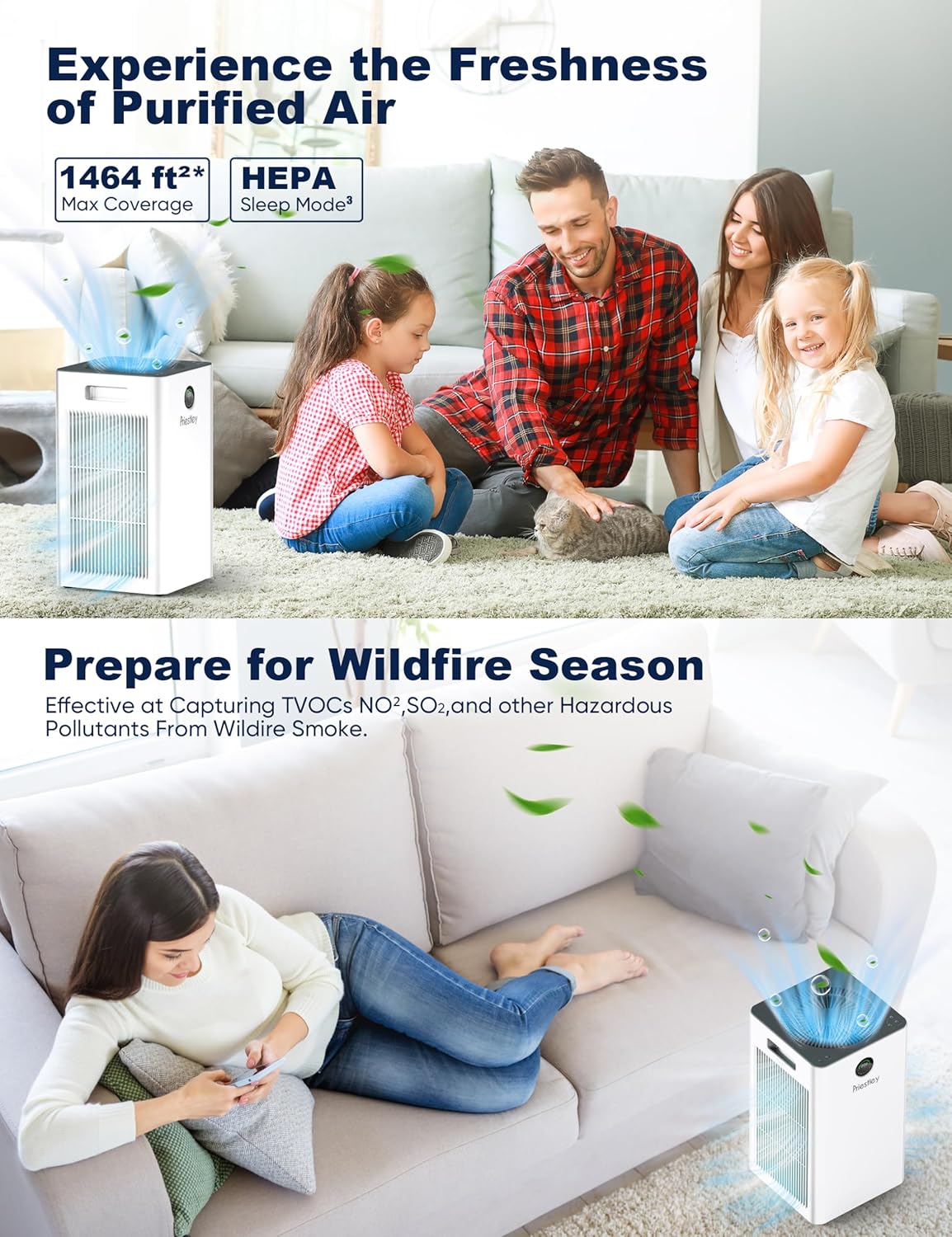 Priestley Air Purifiers for Home Large Room up to 1500 sq ft, Smart Control Air Purifier, True HEPA