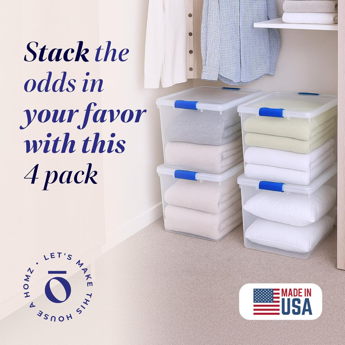 HOMZ 4-Pack Latching Lid, Large Clear Plastic Storage Bins with Lids, 31 Quart, Blue Latch