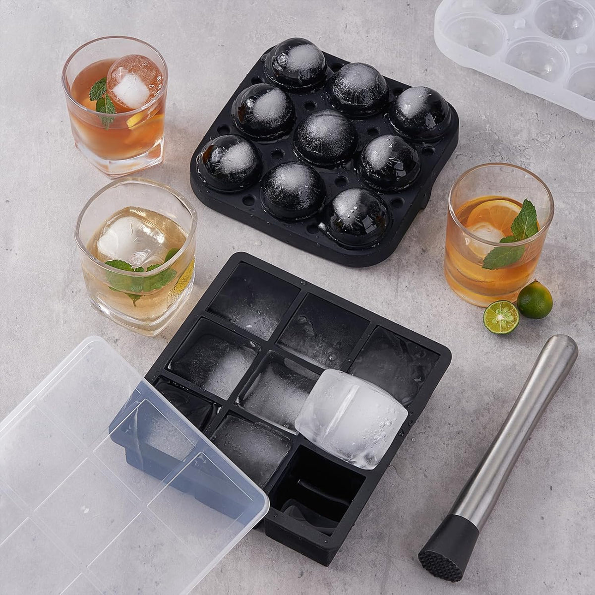 Wanderworld Ice Tray Combo, Silicone Reusable 2 inch Big Ice Freezer Mold, 9 Cubes& 9 Sphere Ice