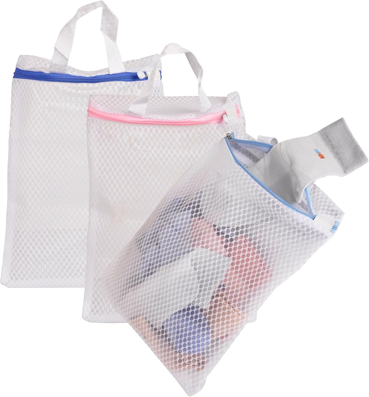 3 Pack Hanging Mesh Laundry Bags with S Metal Hooks,10x12 Inch Hanging Socks Laundry Bags, for