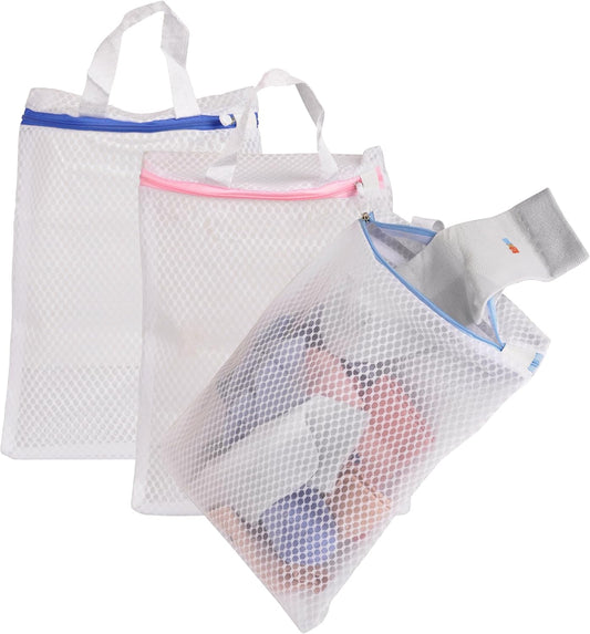 3 Pack Hanging Mesh Laundry Bags with S Metal Hooks,10x12 Inch Hanging Socks Laundry Bags, for