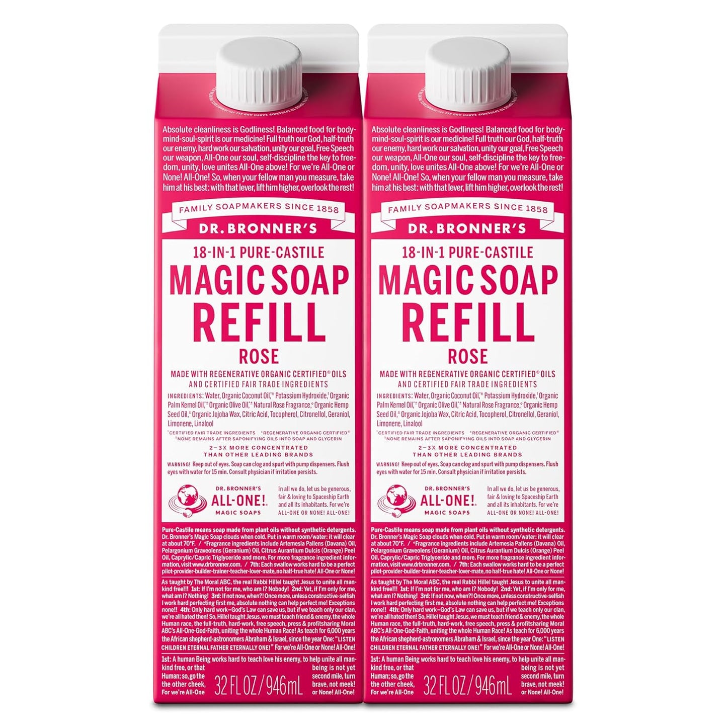 Dr. Bronner's Magic Soap-Pure-Castile Liquid Soap Refill (Rose 32 ounce, 2-Pack)-Regenerative