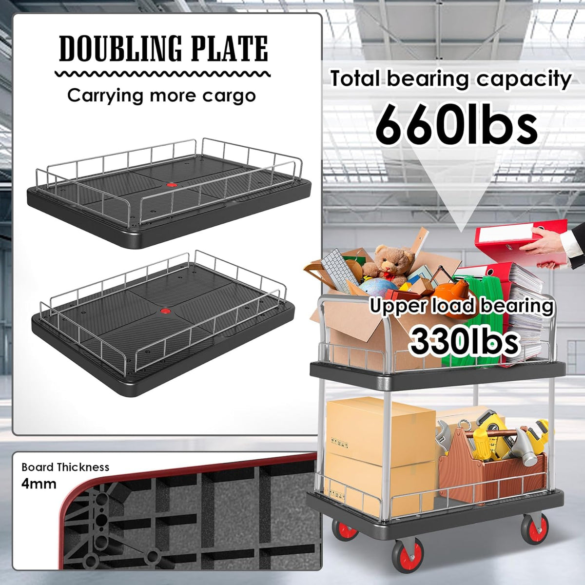 2 Shelf Utility Service Cart- 660lbs Capacity Heavy-Duty Plastic Rolling Utility Carts with 4 of