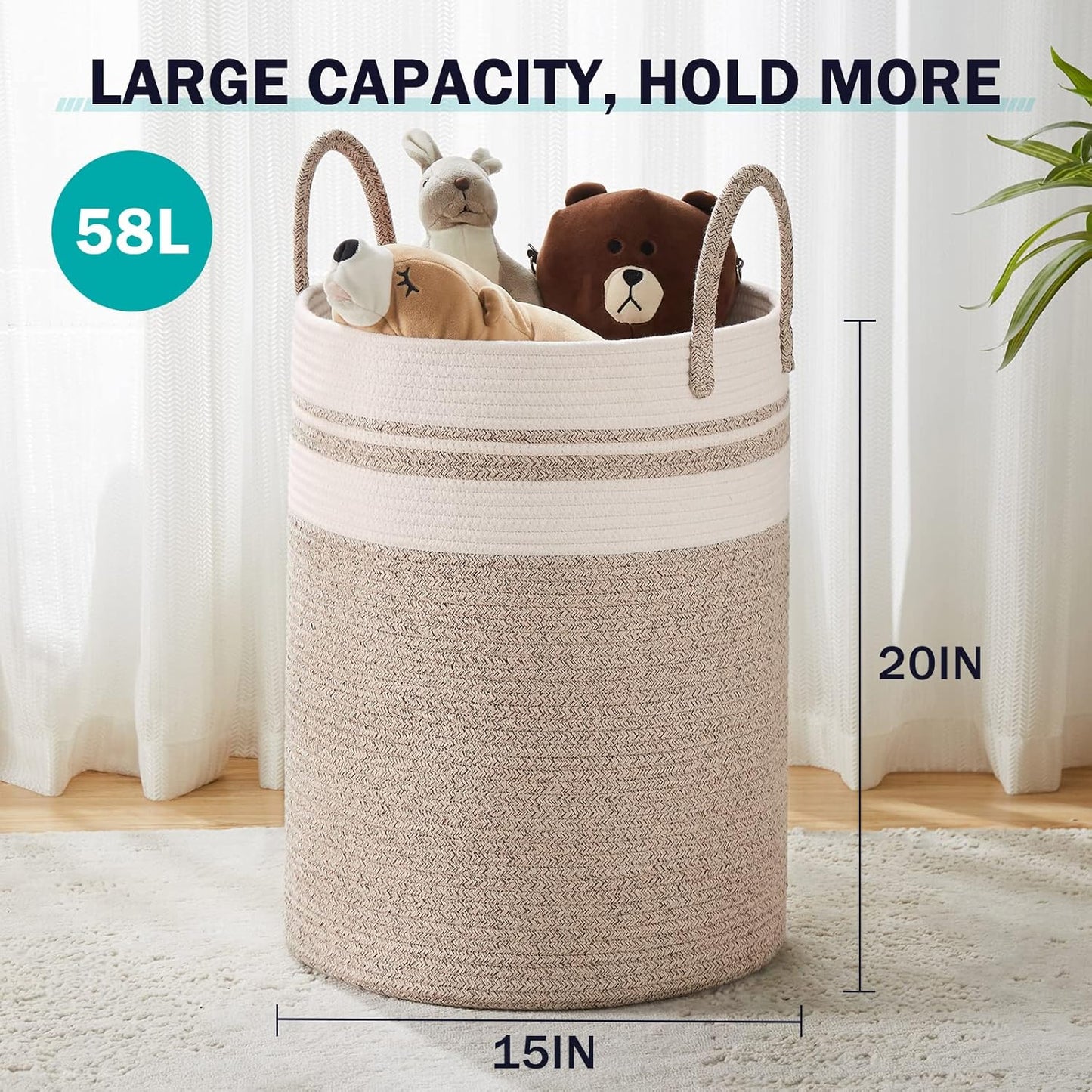 YOUDENOVA Woven Rope Laundry Hamper Basket, 58L Tall Laundry Basket for Blanket Organizer- Clothes