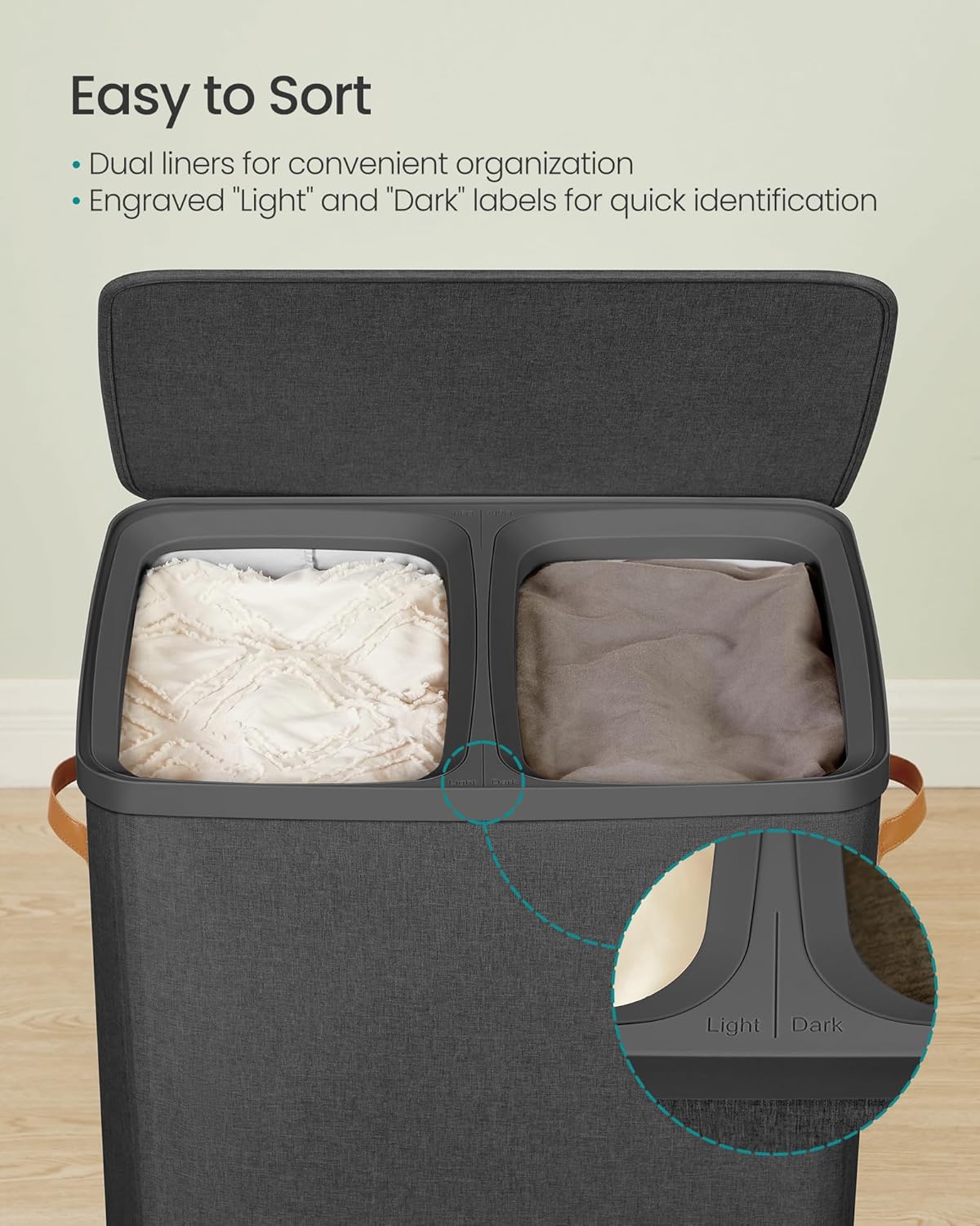 SONGMICS Laundry Basket, 44.9 Gal. Laundry Hamper, 2 Compartments, Easy Assembly, with Lid and