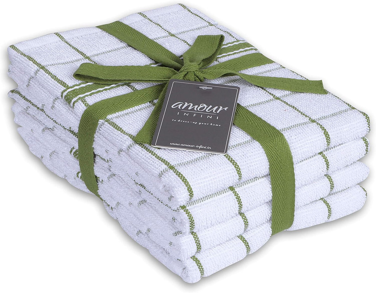 AMOUR INFINI Terry Cotton Kitchen Towels 4-Pack - Large 18 x 28 Inch, Absorbent & Soft Dish Towel