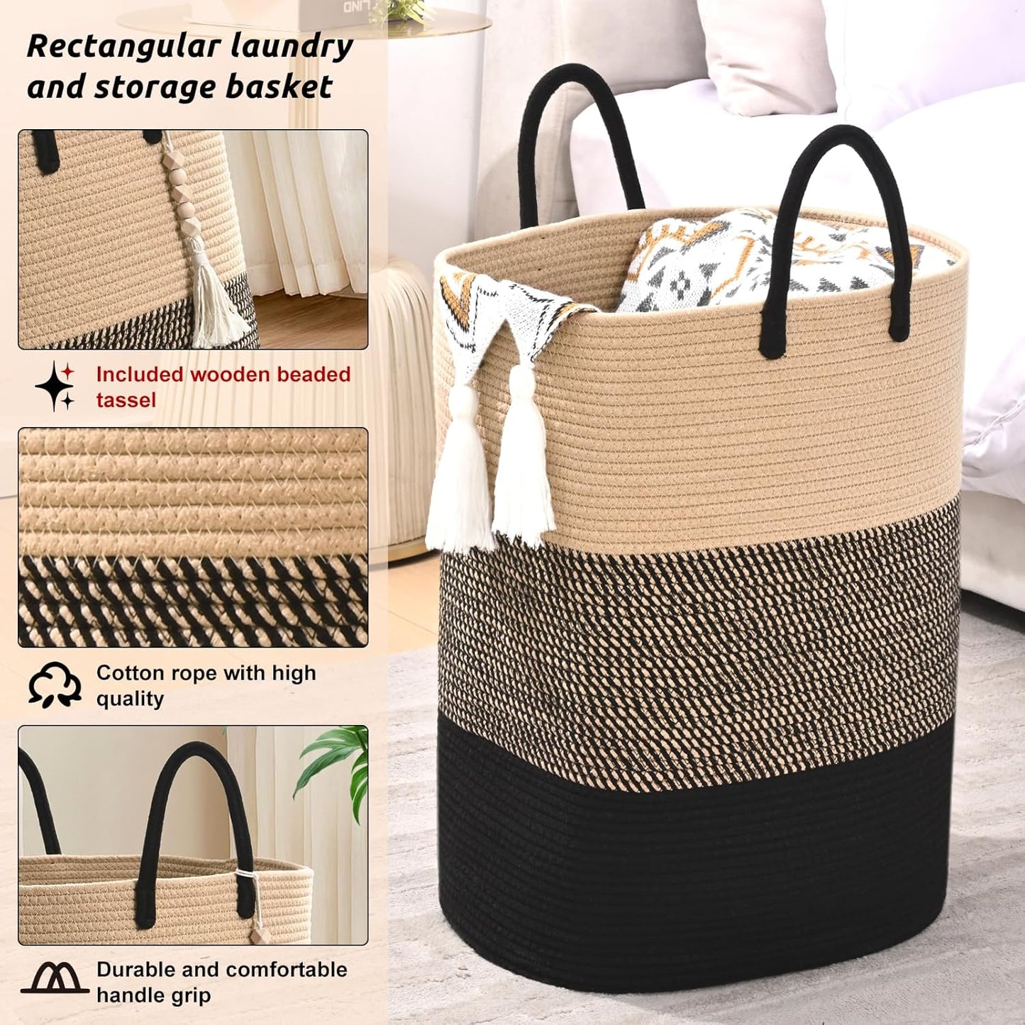 Woven Laundry Basket for Clothes, 80 L Large Rectangle Laundry Hampers with Beads Tassel, Nursery
