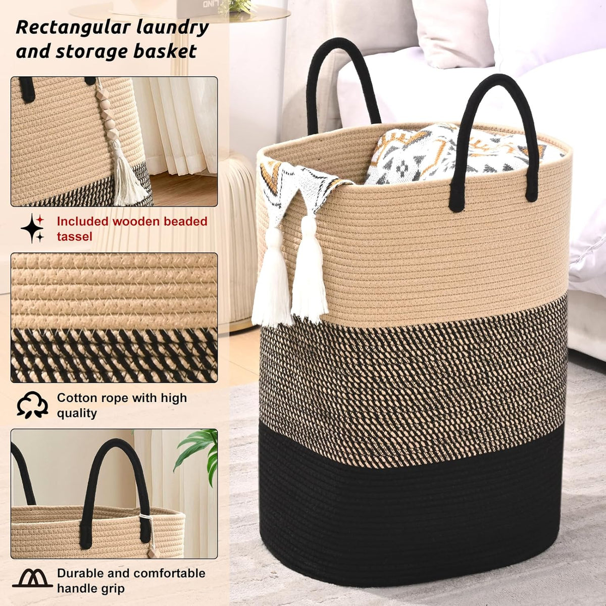 Woven Laundry Basket for Clothes, 65L Large Rectangle Laundry Hampers with Beads Tassel, Nursery