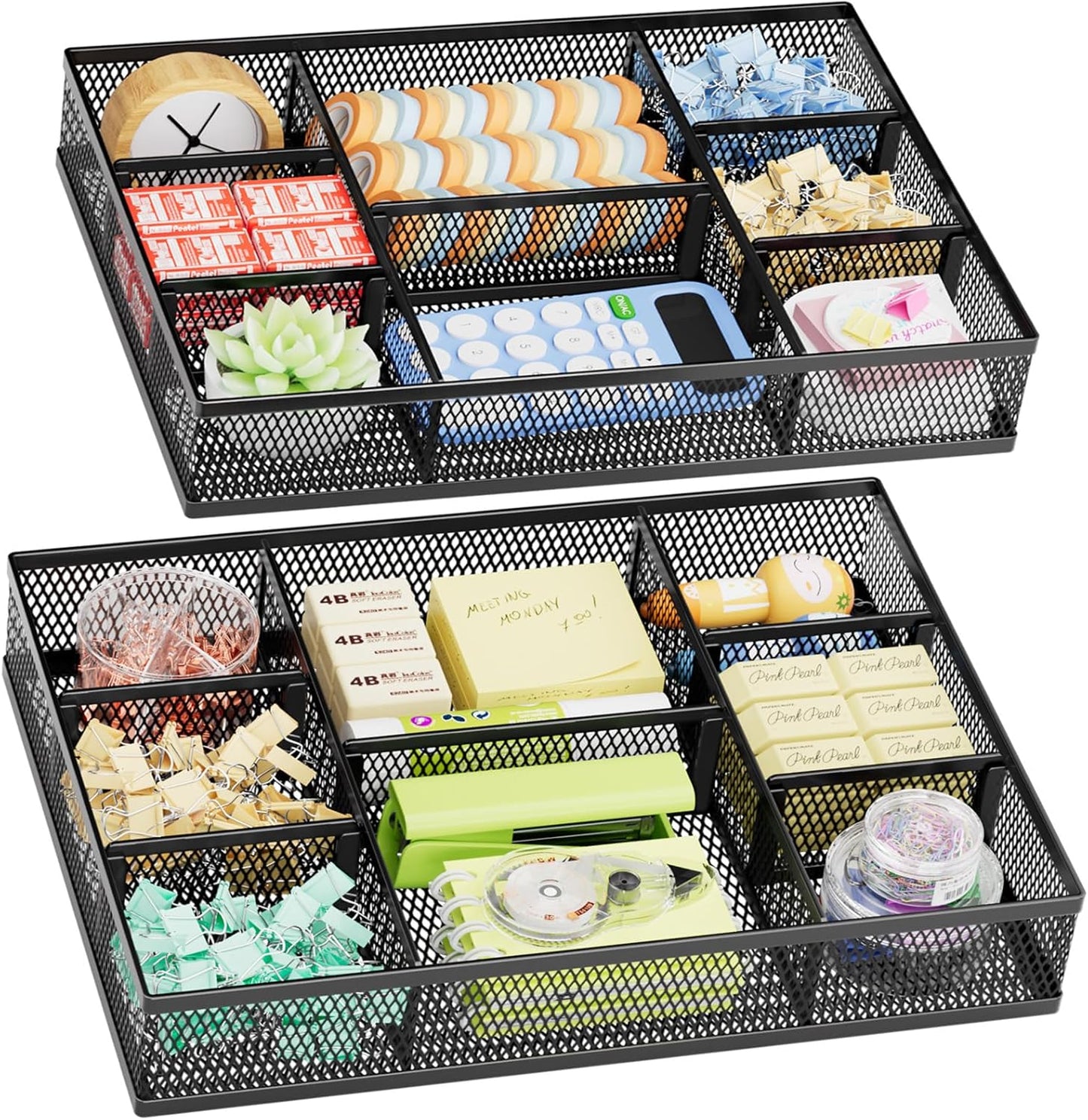 Marbrasse 2 Pack Desk Drawer Organizer, Mesh Drawer Organizer Tray with 8 Adjustable Compartments
