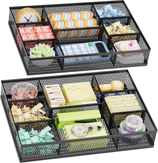 Marbrasse 2 Pack Desk Drawer Organizer, Mesh Drawer Organizer Tray with 8 Adjustable Compartments