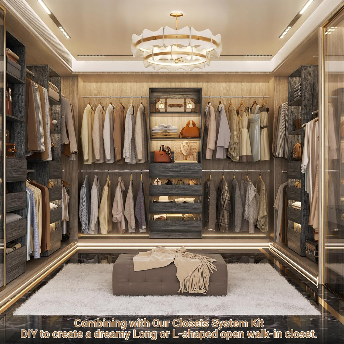 Aheaplus Closet System, 4-9 Ft Closet Organizer with 4 Wooden Drawers, Wood Closet Organizer System