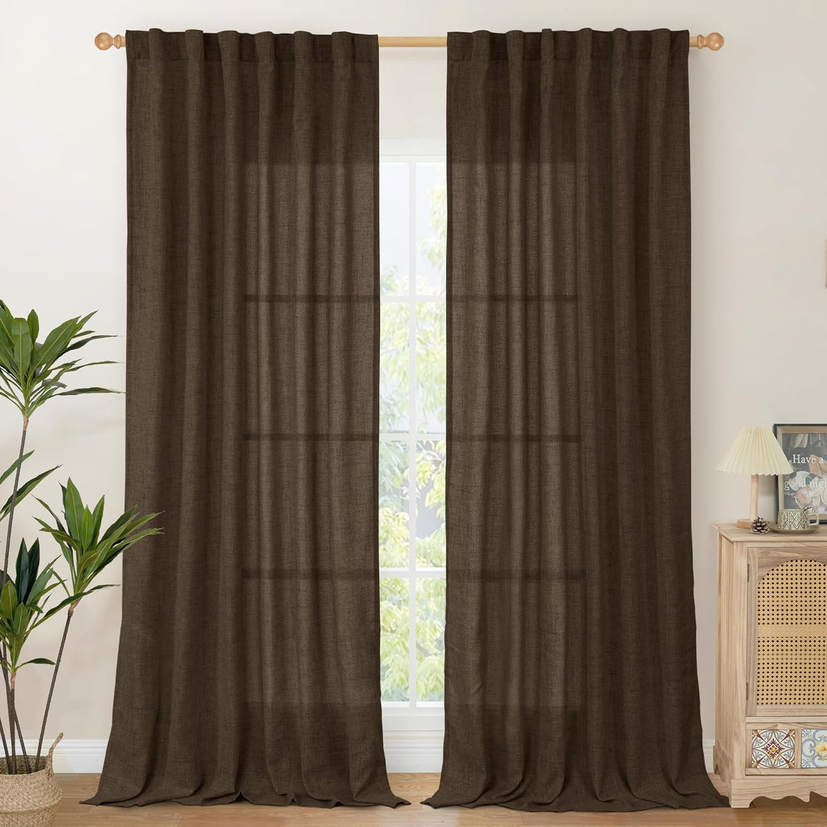 YoungsTex Linen Curtains 90 Inch Length for Living Room, Semi Sheer Window Drapes Rod Pocket Back