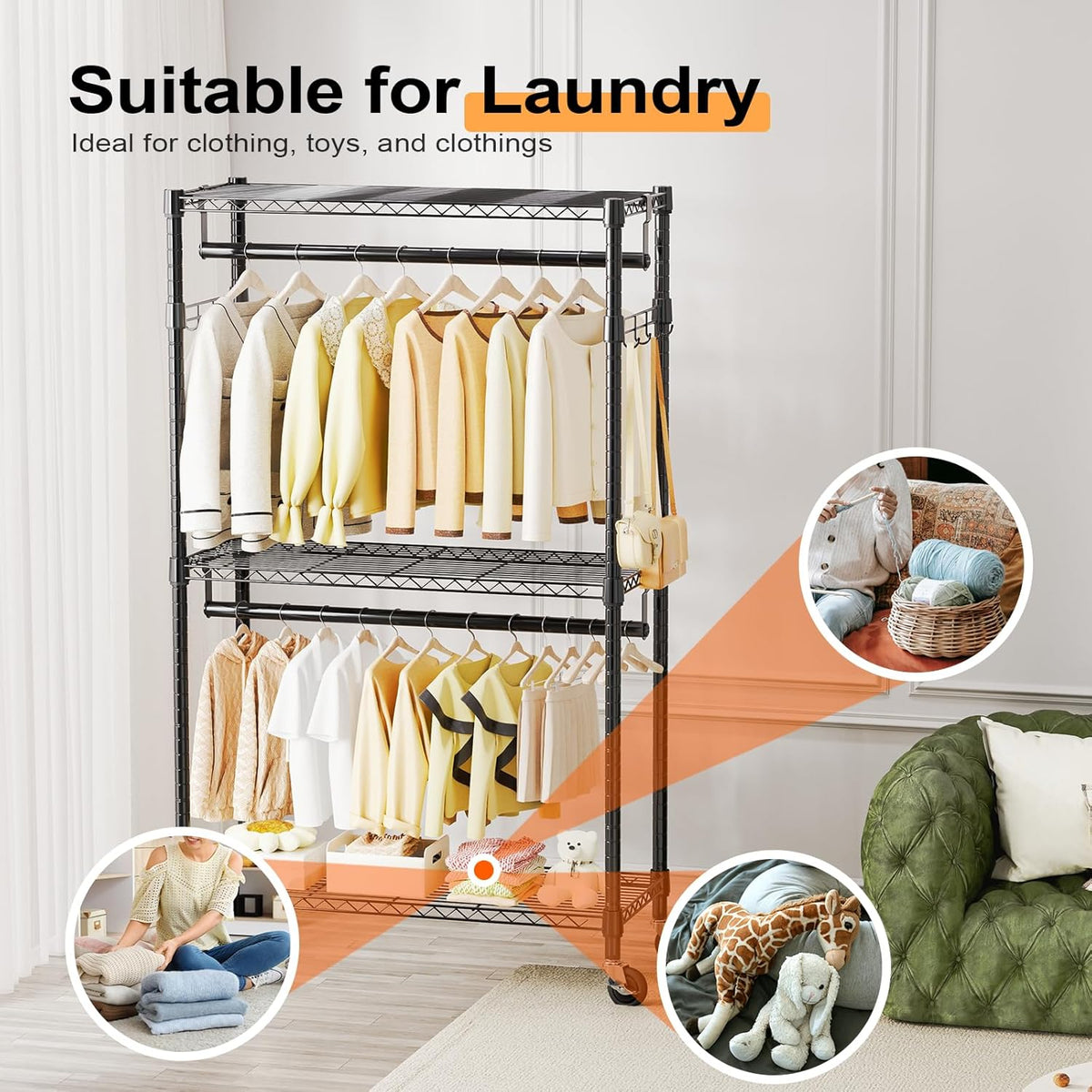 Heavy Duty Rolling Garment Rack 3 Tiers Adjustable Wire Shelving Clothes Rack with 2 Rods and Side