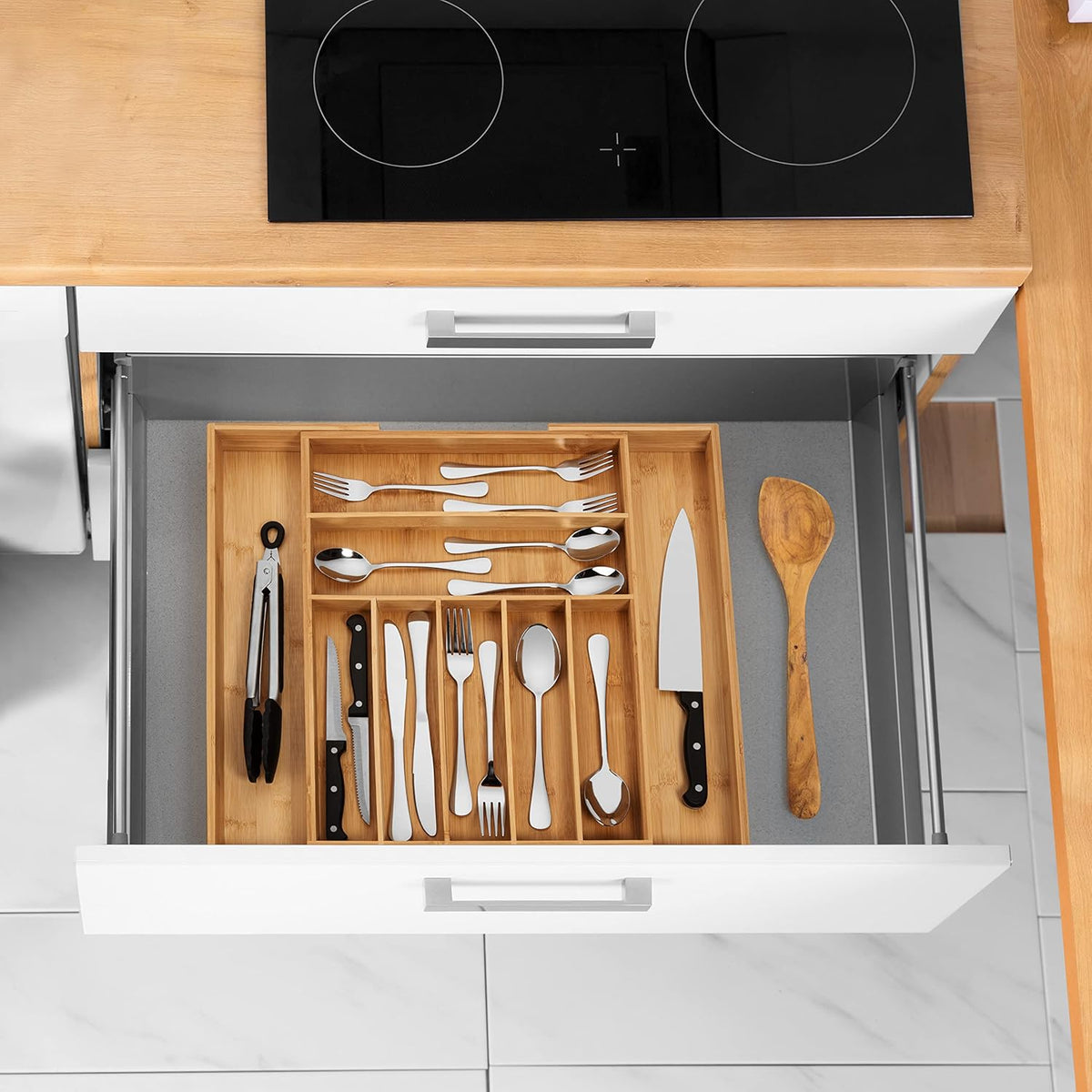 Bamboo Drawer Organizer, 2 Pack - Expandable Silverware Organizer & Utensil Drawer Organizer