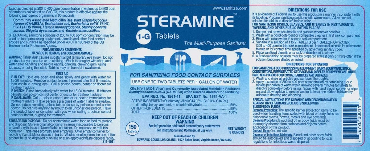 6 Bottles Steramine Sanitizer Tablets w/15 QT-10 Test Strip - Multi Purpose Steramine Sanitizing