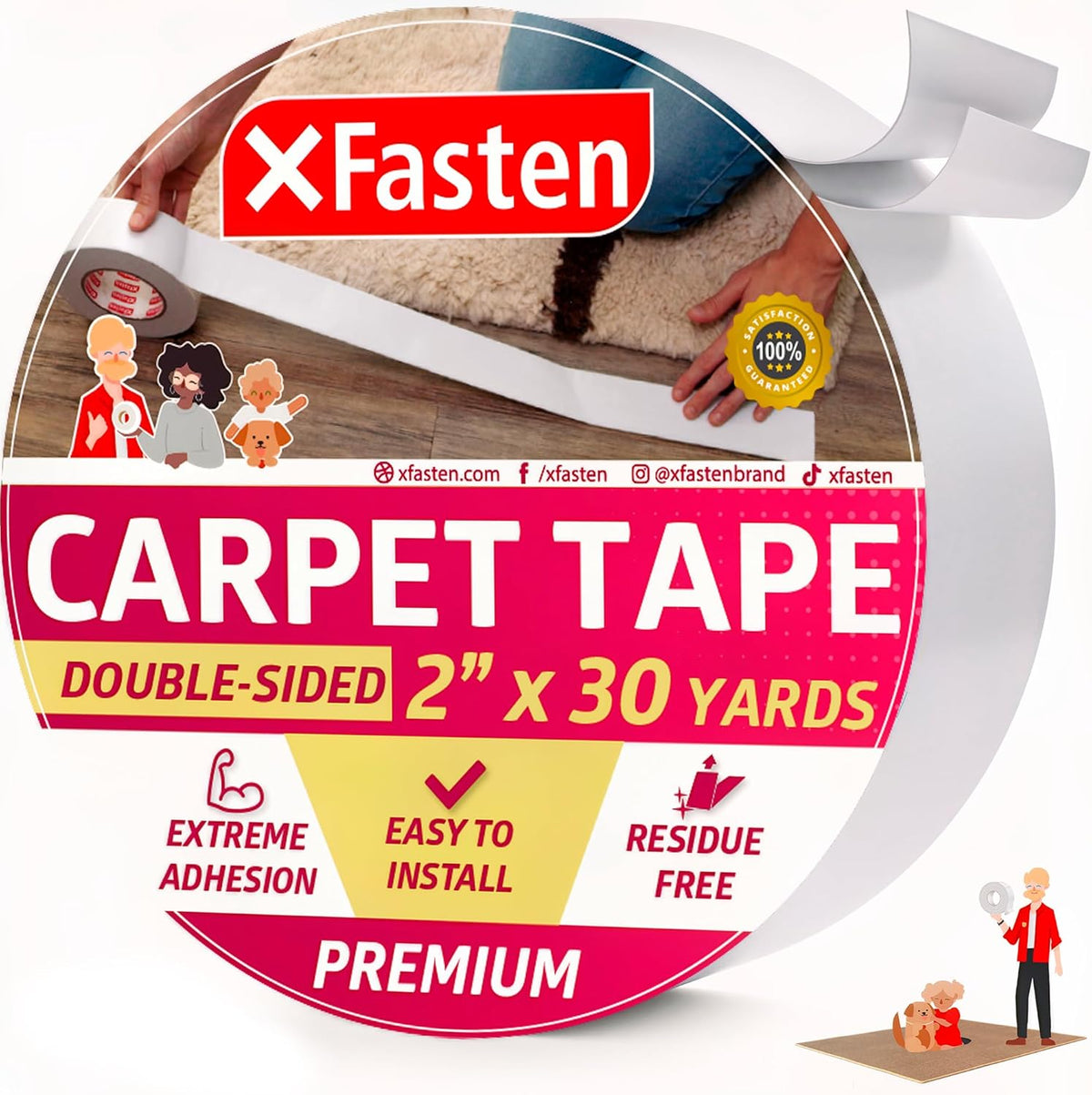 XFasten Double Sided Carpet Tape for Area Rugs, 2 Inch x 30 Yards – Heavy Duty Anti Slip Rug Grip
