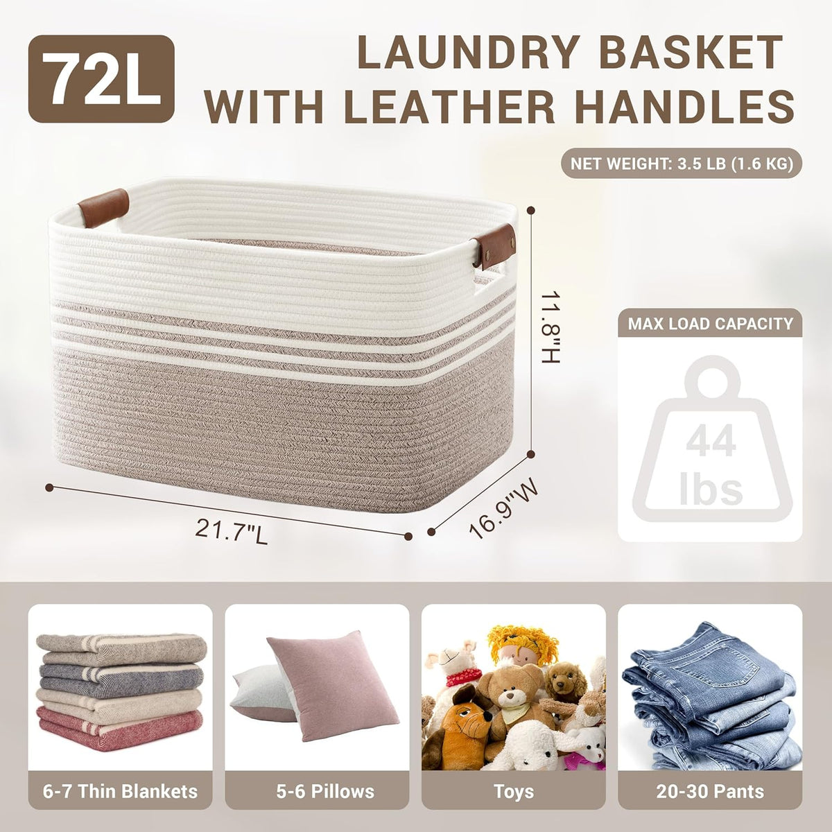 72L Large Laundry Basket with Leather Handles for Living Room Storage, Woven Rope Baskets Bin for