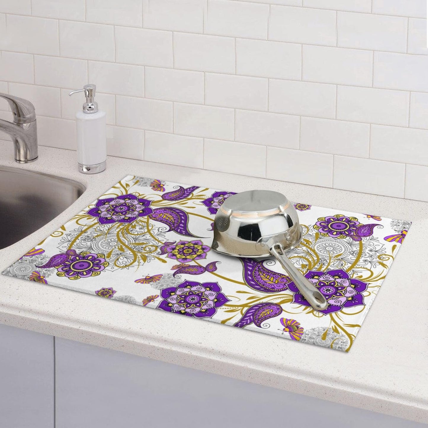 Purple Flower Kitchen Drying Mat Boho Floral Microfiber Dish Drainer Mat for Kitchen Counter