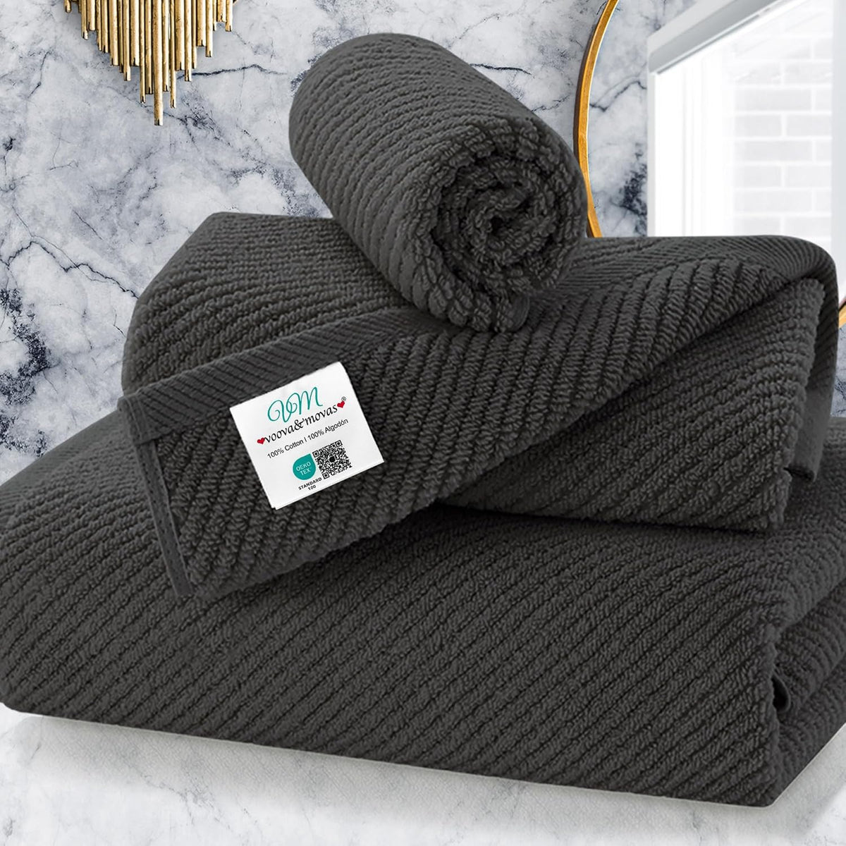 3 Piece Towel Sets for Bathroom, Grey Towels for Showering - 100% Cotton | Quick Dry | Soft |