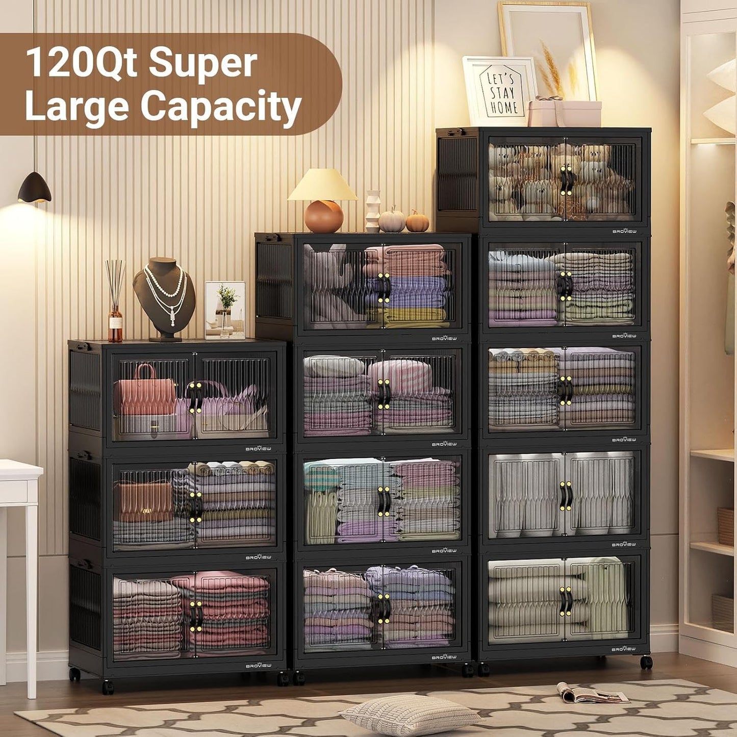 BROVIEW 360Qt Stackable Storage Bins with 3 Lids, Extra Large Closet Organizer Collapsible Drawer