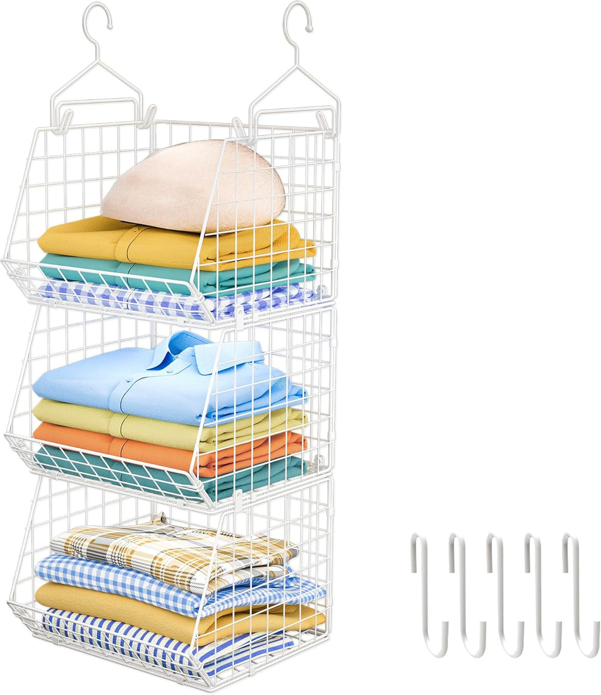 X-cosrack 3 Tier Foldable Closet Organizer, Clothes Shelves with 5 S Hooks, Wall Mount&Cabinet Wire