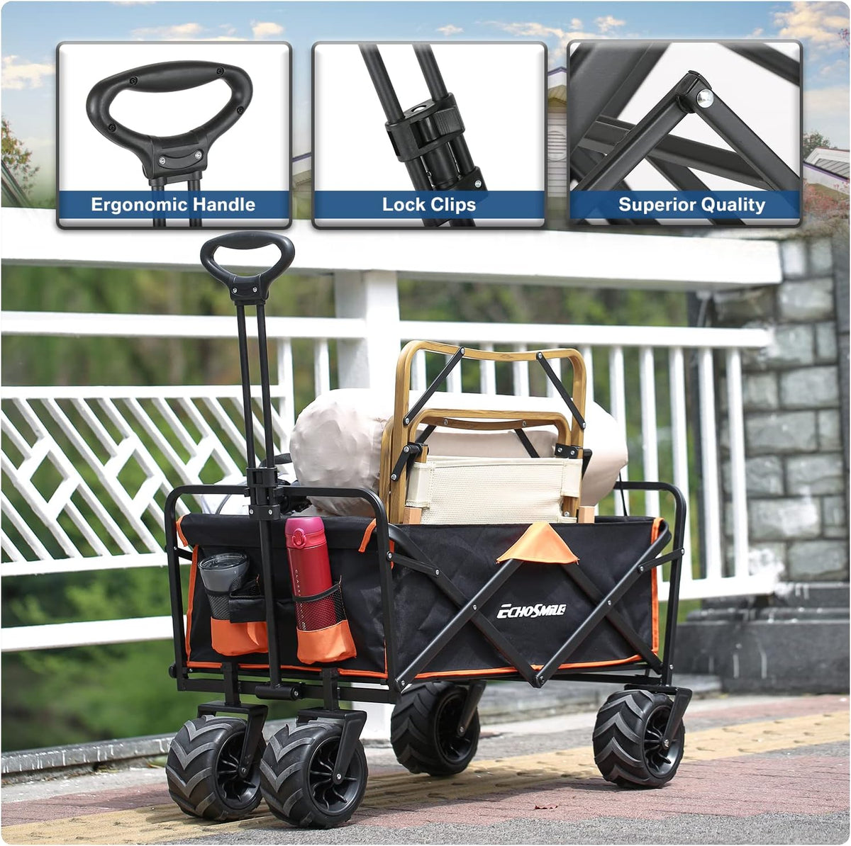 EchoSmile Heavy Duty 350 Lbs Capacity Collapsible Wagon, Outdoor Folding Camping Wagons, Grocery