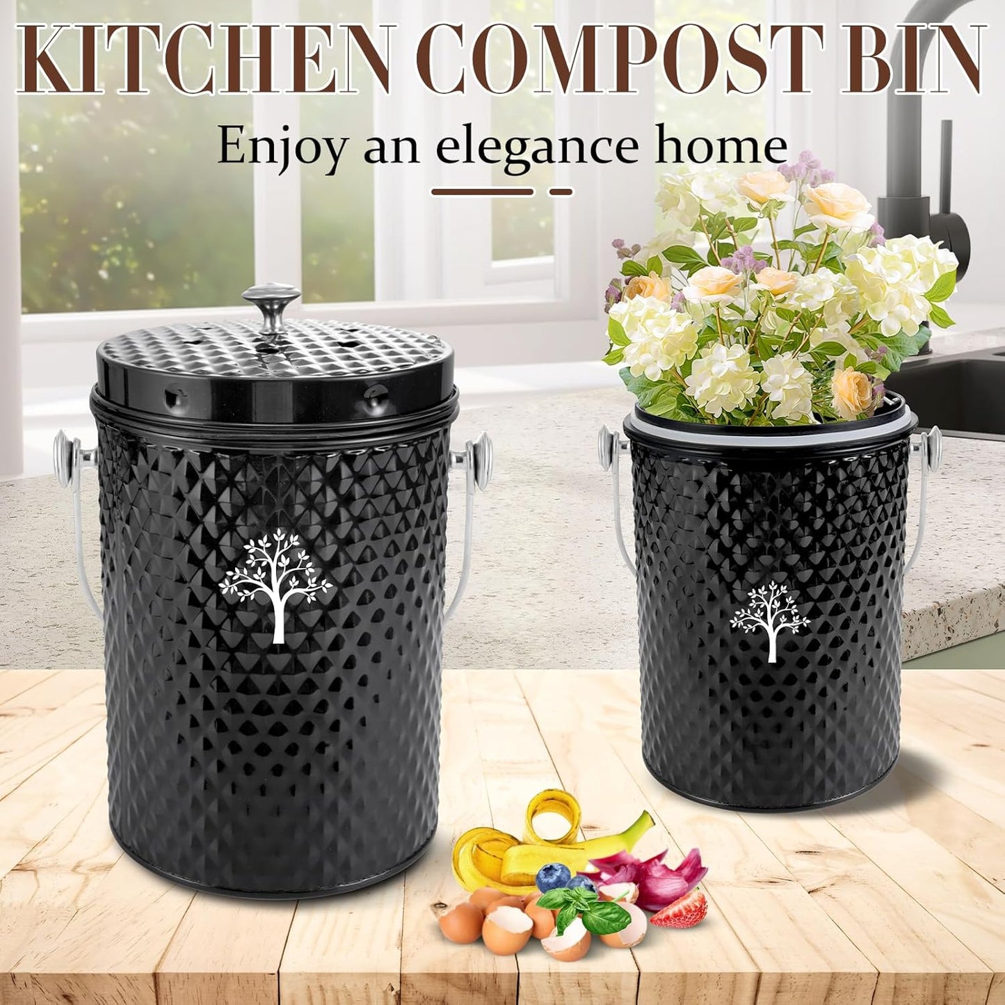 AOSION Countertop Compost Bin Kitchen，Odorless Indoor Compost Bin with Lid and Compost Bags,Compost