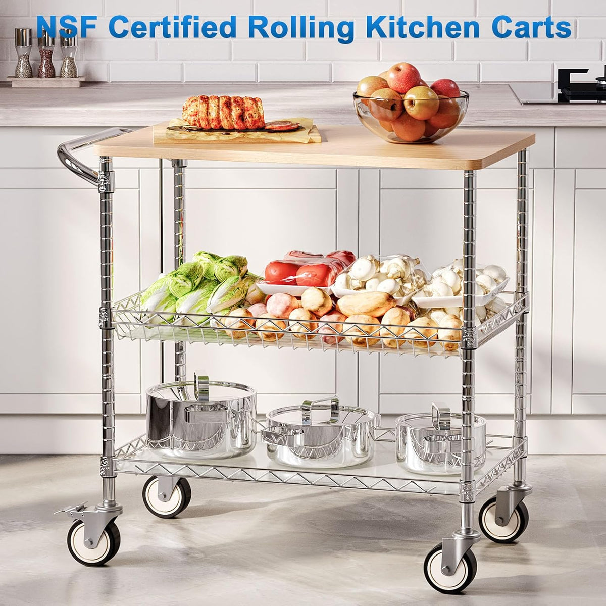 Leteuke Rolling Kitchen Carts with Wheels, 34" L x 17.5" W, 3-Tier Heavy Duty Utility Cart with