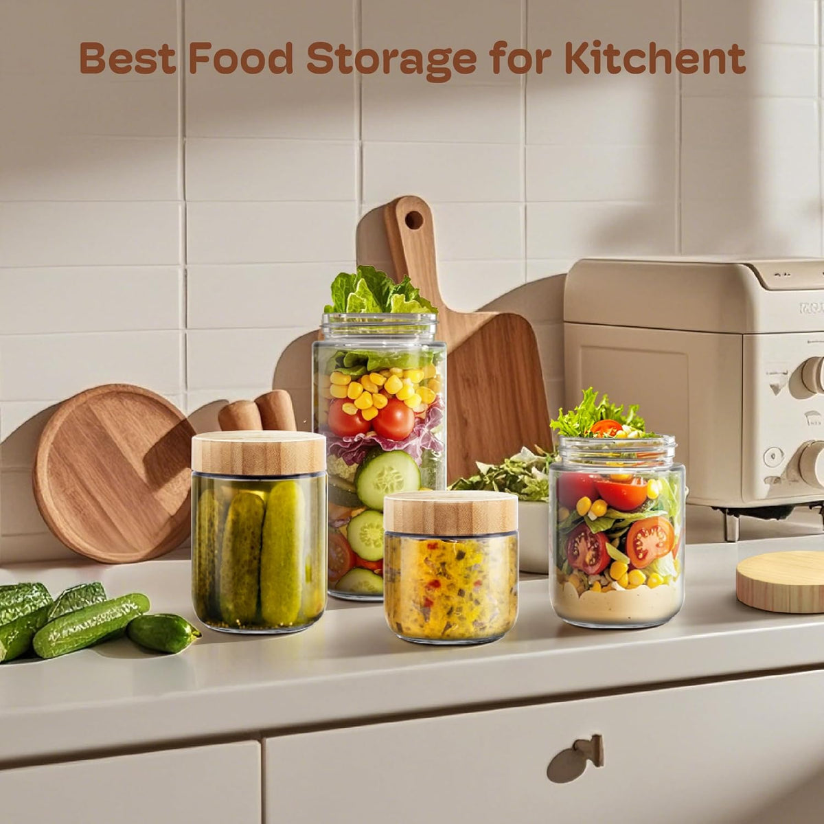4 Pack 10oz Overnight Oats Containers with Bamboo Lids, Glass Jars with Airtight Lids for Meal