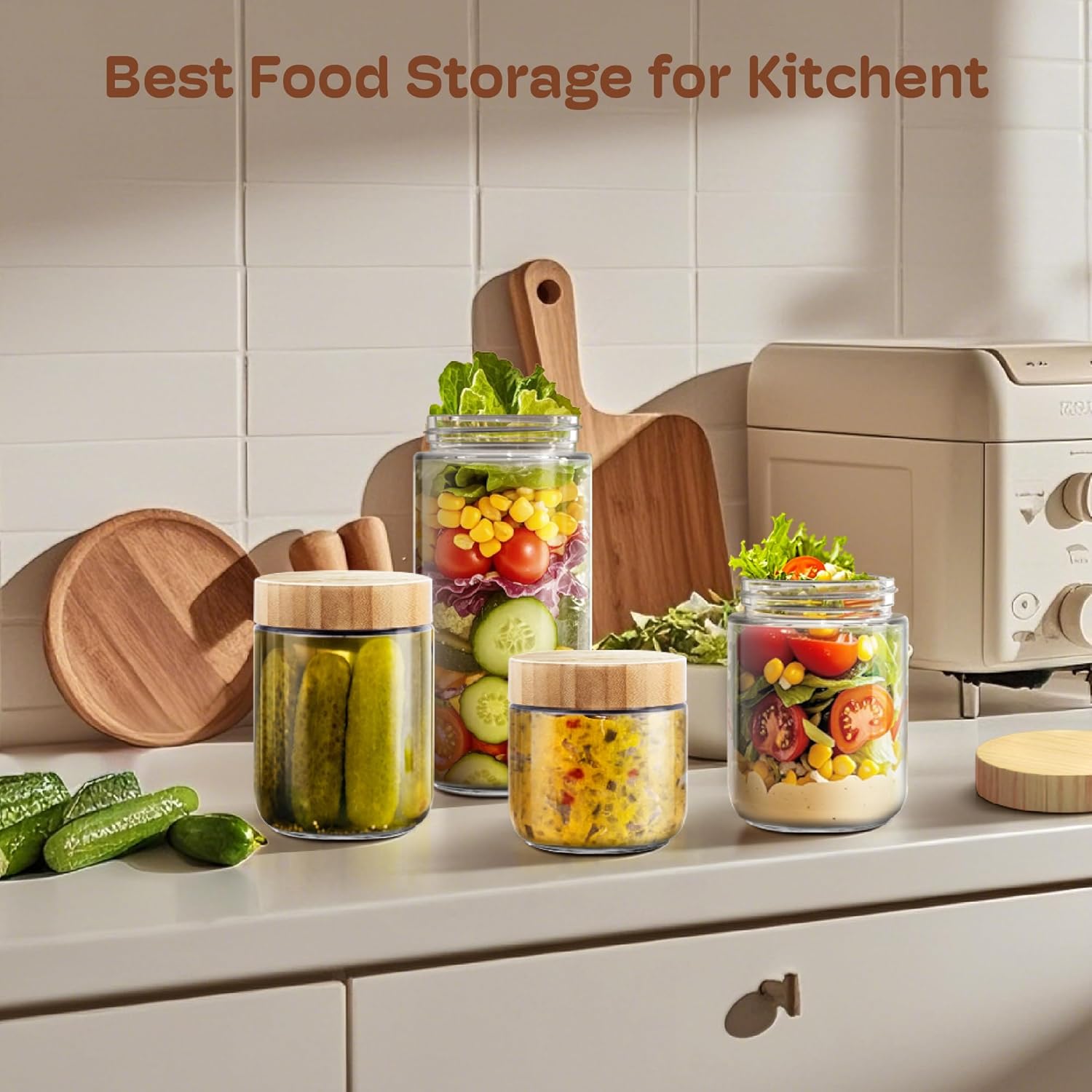 4 pack 24oz Overnight Oats Containers with Bamboo Lids, Glass Jars with Airtight Lids for Meal